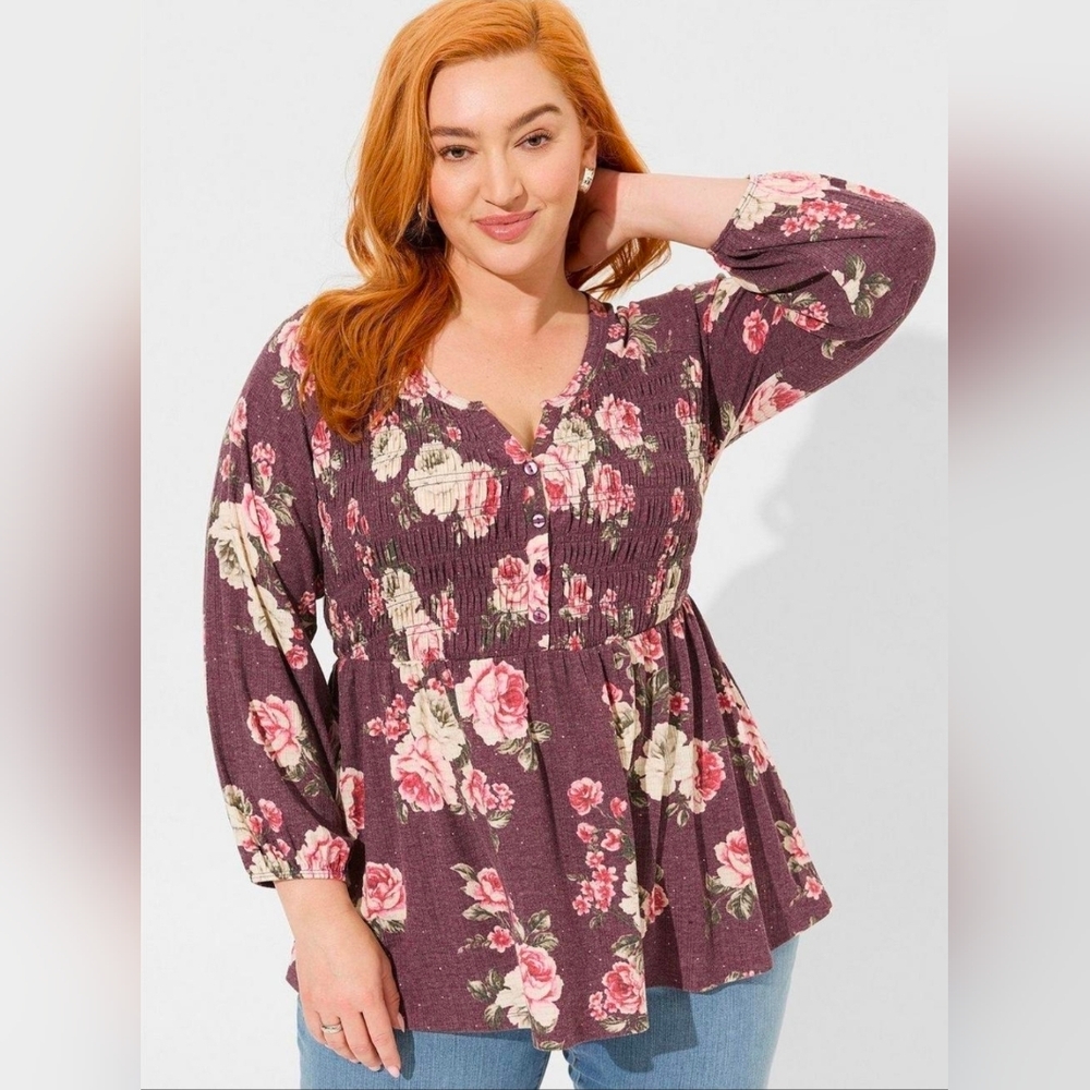 Torrid Jersey Smocked Henley Babydoll purple floral size 2x NWT